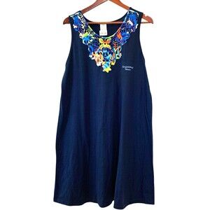 Cozumel Mexico Popover Dress Xl Navy Blue Embroidered Neckline Resort Wear